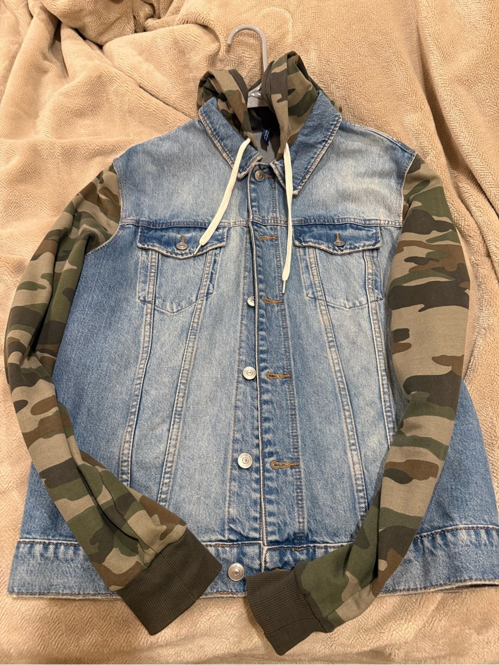 H&M Light Blue Denim Jacket with Camo Hood & Sleeves